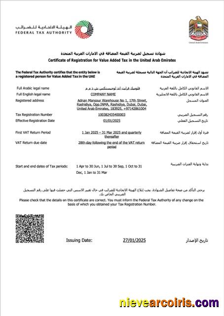 UAE certificate of registration for Value Added Tax, version 2